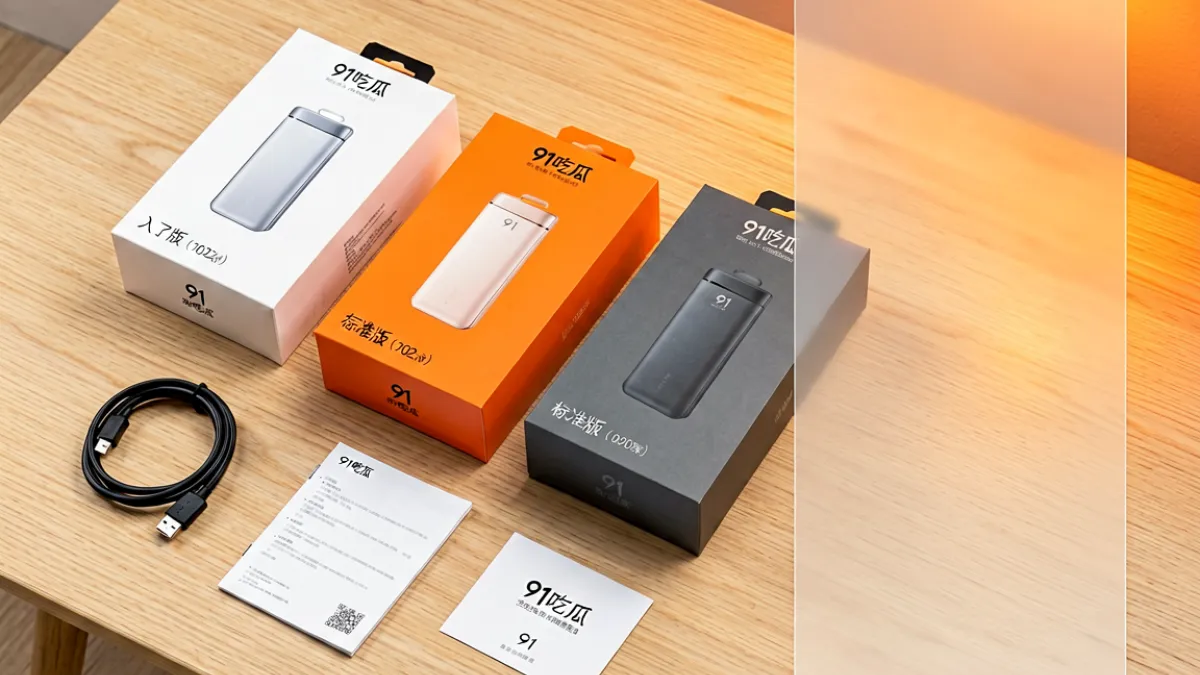 桌面场景展示多个91吃瓜产品包装与配件排列整齐，暖色调灯光照射下呈现质感对比，右侧留白区域用于放置文字说明