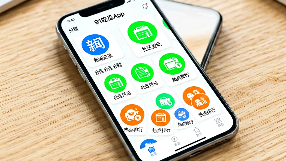 手机屏幕截图展示91吃瓜App内的话题分类界面，包含新闻资讯、社区讨论、热点排行等多个彩色图标分区，界面采用卡片式布局