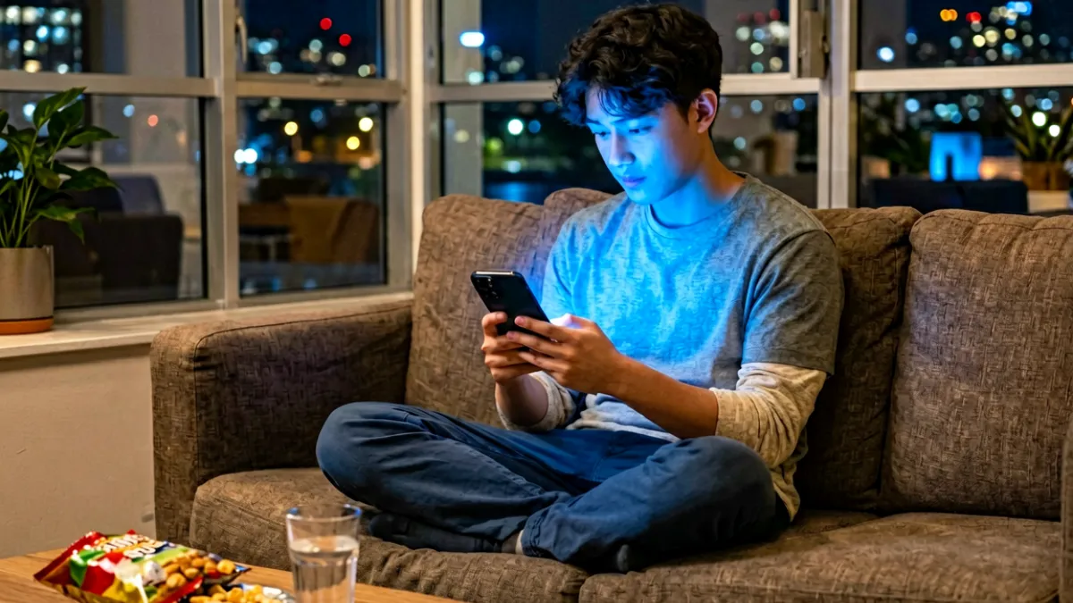 夜晚城市街景中一位年轻人坐在沙发上，举着手机专注浏览91吃瓜内容，屏幕微光照亮他的侧脸，周围是温暖的家居灯光